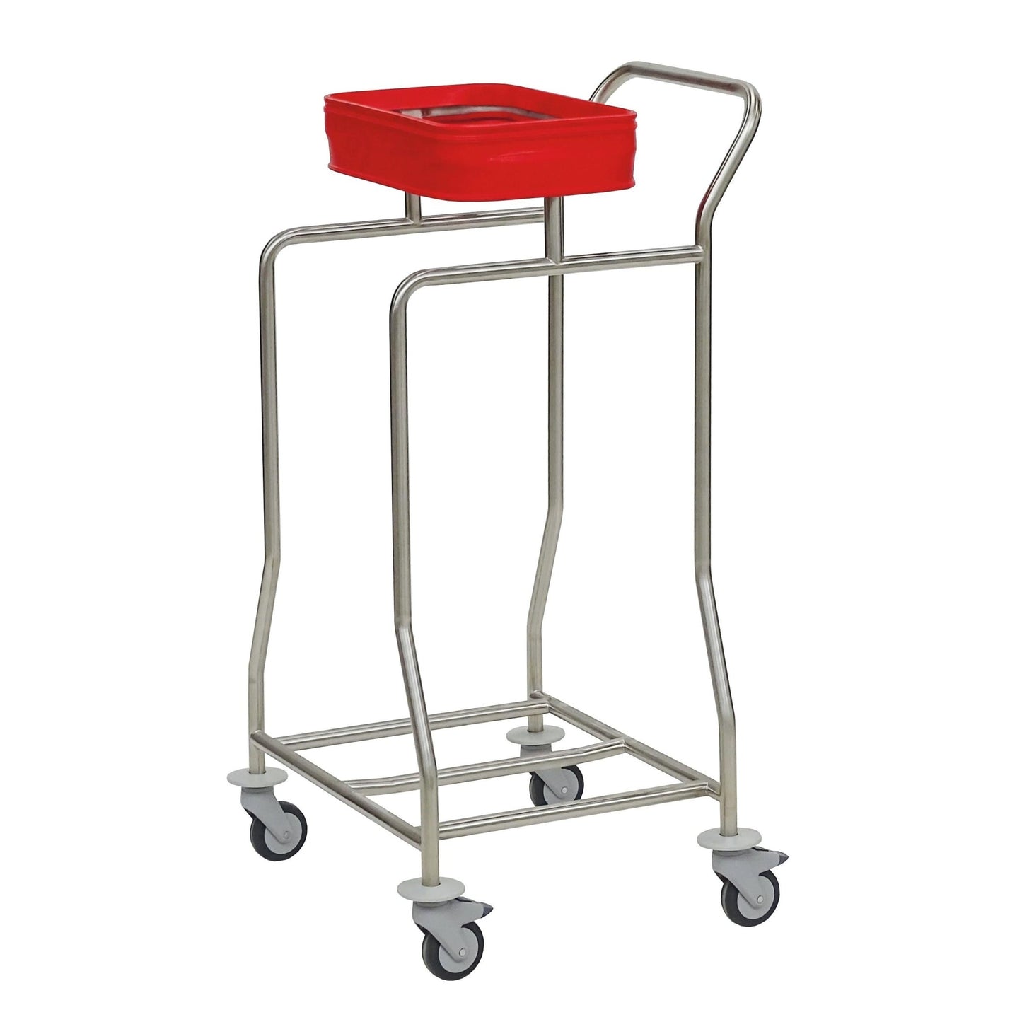 The Novocal stainless steel laundry collector "Compact plus" single collector is made of stainless steel, has four wheels, and a red square container for hygienic laundry organization in medical facilities.