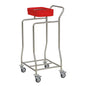 The Novocal stainless steel laundry collector "Compact plus" single collector is made of stainless steel, has four wheels, and a red square container for hygienic laundry organization in medical facilities.