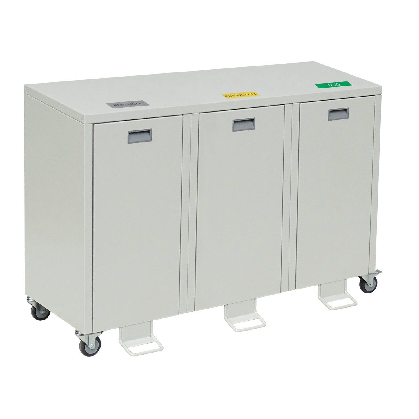 The Novocal recycling cabinet Series 3000 triple collector, made of plastic-coated steel sheet, offers three separate sections and makes waste separation for metal, combustible materials, and cans convenient and efficient.
