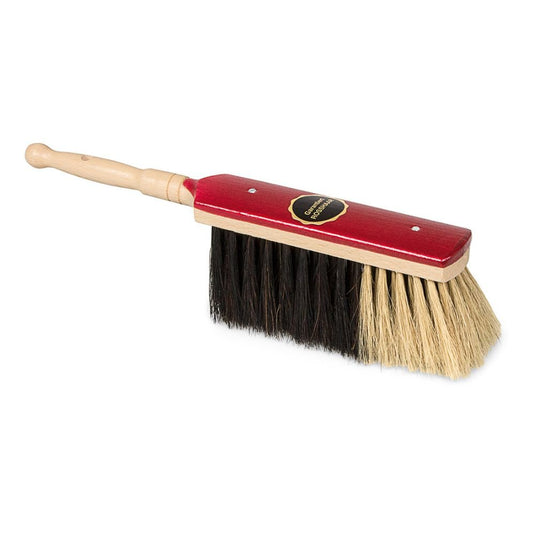 We present the Nölle Profi Brush Stubenhandfeger Horsehair by Nölle Profi Brush Brush & Paintbrush Technology e.K. – a 30 cm large tool with dust-binding properties with black and beige horsehair bristles on a red block and a light wooden handle with a rounded end.