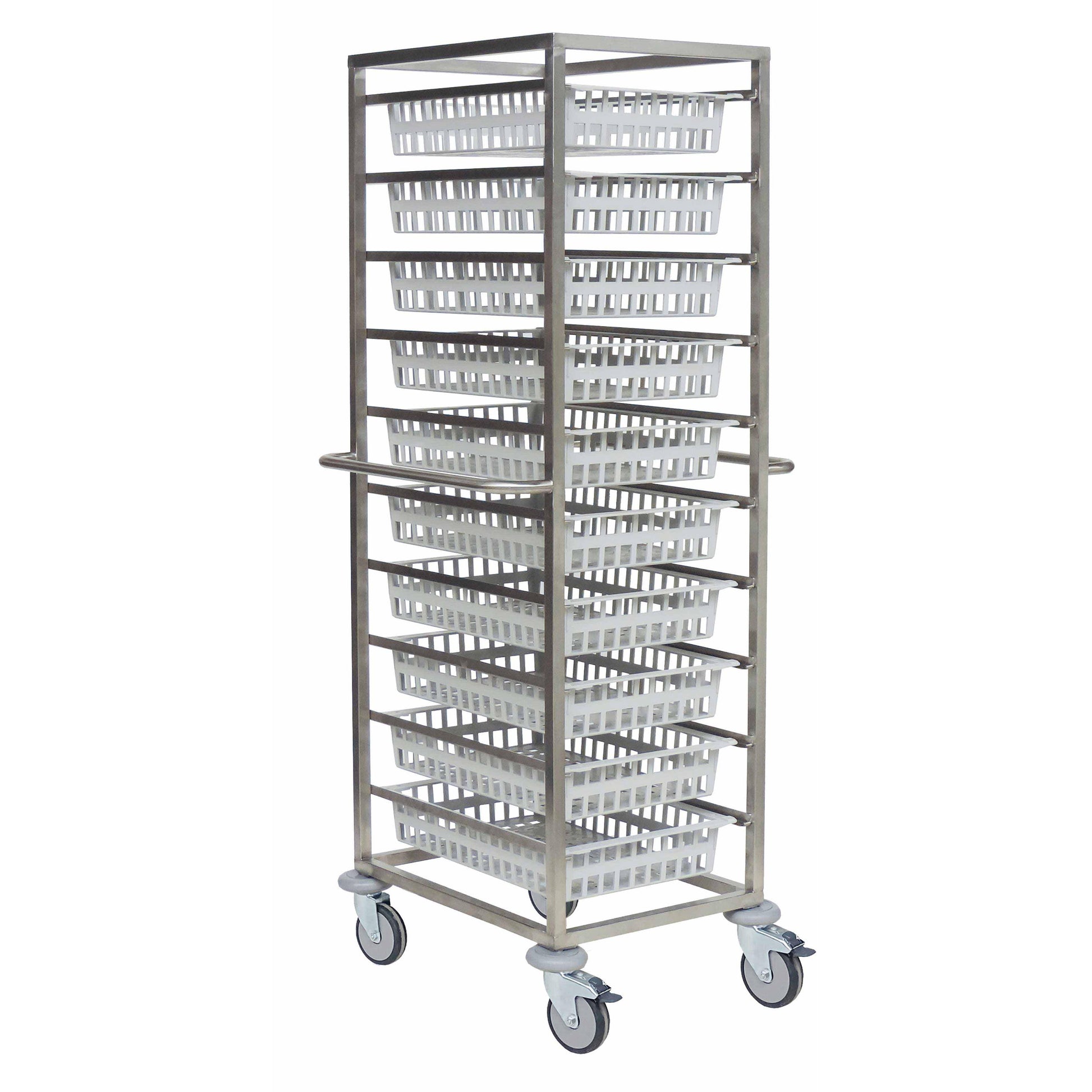 Der Novocal Offener Modulwagen Ausführung 1-reihig aus Edelstahl mit zwei seitlichen Griffen und vier Lenkrollen fasst acht weiße Kunststoffkörbe, die vertikal gestapelt werden. Marke: Novocal. Packungsgröße: 1 Stück.