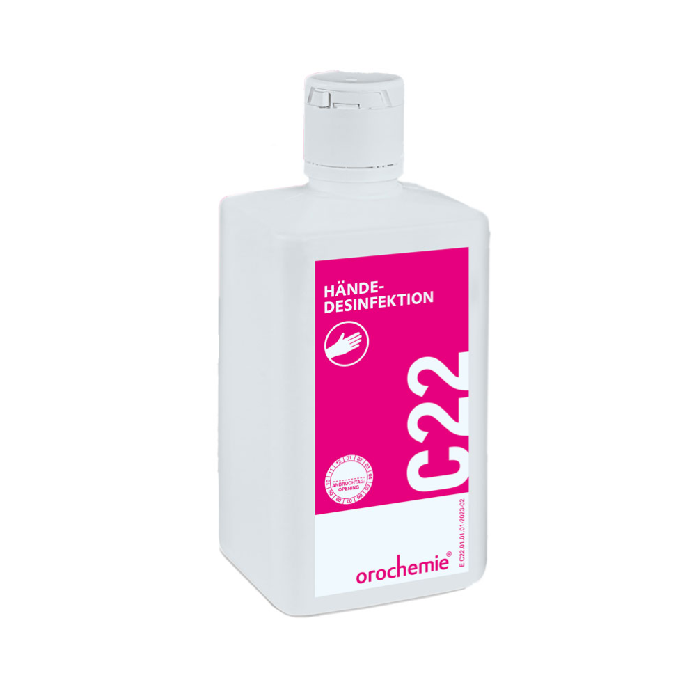 Die 500 ml Orochemie C 22 Händedesinfektion von orochemie GmbH + Co KG ist ein gebrauchsfertiges, alkoholisches Händedesinfektionsmittel in einer weißen Flasche mit rosa Etikett und Schraubverschluss, geeignet für die chirurgische Händedesinfektion.