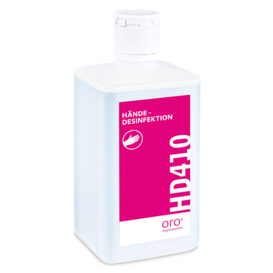 Eine weiß-rosa Flasche Händedesinfektionsmittel der Marke Orochemie mit der Aufschrift „Orochemie HD 410 Händedesinfektion“ und einem Pumpspender obenauf.