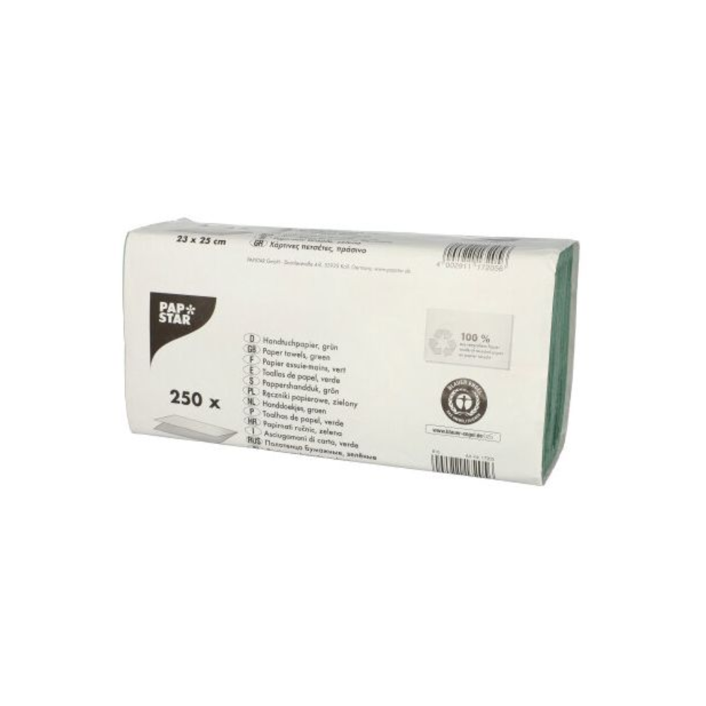 Tá an tacar seo de 250 naipcín páipéir glasa, atá cairdiúil don chomhshaol ó PAPSTAR GmbH déanta as páipéar crepe athchúrsáilte agus tá na toisí 25 x 23 cm aige. Taispeánann an pacáistiú sonraí an táirge agus lógó íocónach PAPSTAR agus ráthaíonn sé cáilíocht agus inbhuanaitheacht le gach úsáid.