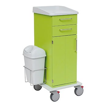 The Novocal care and work trolley has a green design, two drawers, a cabinet, a full plastic top, a white waste bin, four wheels (two with red locks), and metal handles for easy material transport.