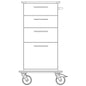 Line drawing of a Novocal care and work cart chassis made of solid plastic, with four drawers with handles, a right handlebar, and four wheels (two visible). Brand: Novocal.