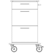 Eine Strichzeichnung des Novocal Pflege- und Arbeitswagens zeigt ein Gerät mit drei Schubladen, einem Griff auf der rechten Seite und zwei großen Rädern, ideal für den Transport oder die Lagerung von Gegenständen in Pflegeeinrichtungen.