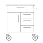 Black-and-white line drawing of a Novocal care and work cart chassis (full plastic), with an upper drawer, three side drawers, a cabinet door, large castors, and a handle on the right side. Brand: Novocal.