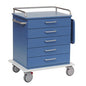 A blue Novocal care and work cart chassis with five drawers, metal handles and rails, side handle, right fold-out shelf, four swivel casters (one with red brake pedal); made of durable solid plastic sheet.