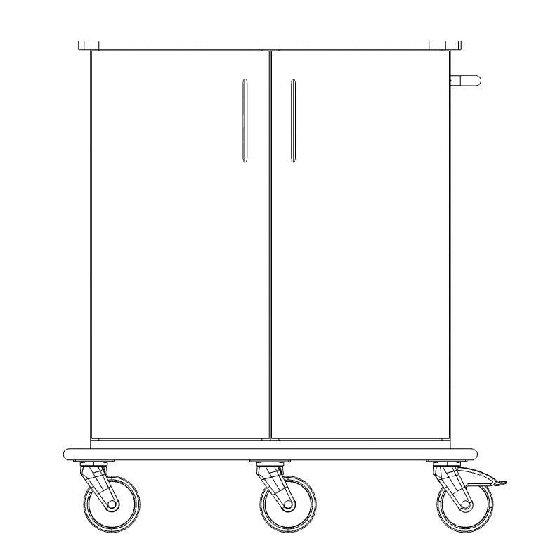 Taispeánann líníocht líne den Novocal Pflege- und Arbeitswagen chassis dronuilleogach le dhá dhoras ingearach, ceithre roth stiúrtha, láimhseáil taobh agus pláta plaisteach lán le haghaidh cobhsaíochta agus soghluaisteacht éasca.