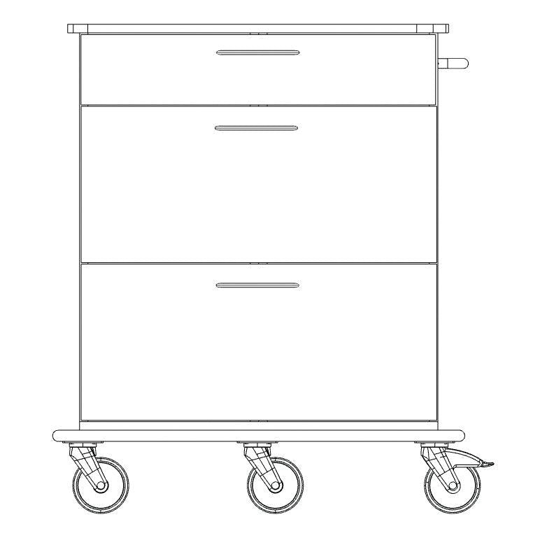Schwarz-weiße Strichzeichnung des Novocal Pflege- und Arbeitswagen Fahrgestell Vollkunststoff mit drei Schubladen, vier Lenkrollen (eine mit Bremshebel) und einem Griff auf der rechten Seite. Packung: 1 Stück. Marke: Novocal.