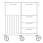 Black-and-white line drawing of the Novocal care and work cart: four wheels, three right drawers, left cabinet with vertical slats, spacious compartment for transporting work materials, and a handle on the right side. Brand: Novocal.