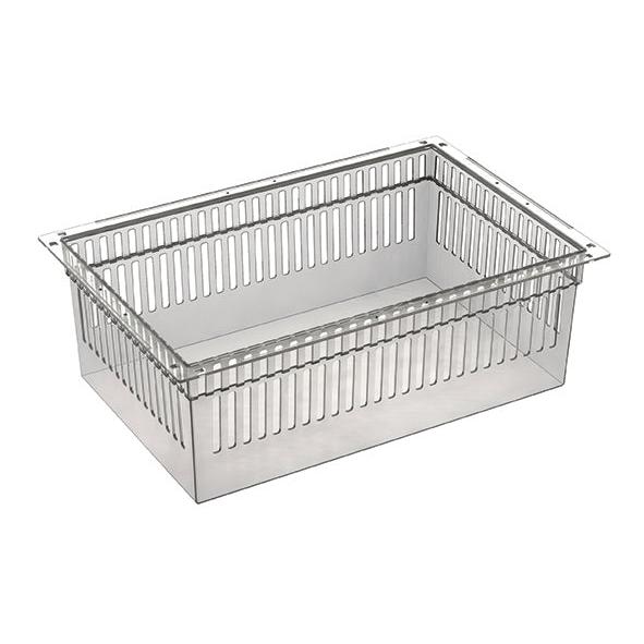 Das Novocal PC-Modul transparent teilbar (600 x 400 x 200 mm) ist ein leerer, klarer Kunststoff-Aufbewahrungsbehälter mit vertikalen Schlitzen und flachem Rand, ideal für die Aufbewahrung von PC-Komponenten. Abgebildet auf weißem Hintergrund. Inklusive Auszugsstopps. Verpackung: 1 Stück.