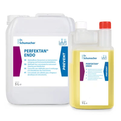 Two containers of Dr. Schumacher GmbH PERFEKTAN® ENDO - a 5L white and a 1L yellow - both with white label and blue lettering, depicted on a light background. Ideal disinfectant for the reprocessing of endoscopes (endoscope reprocessing).
