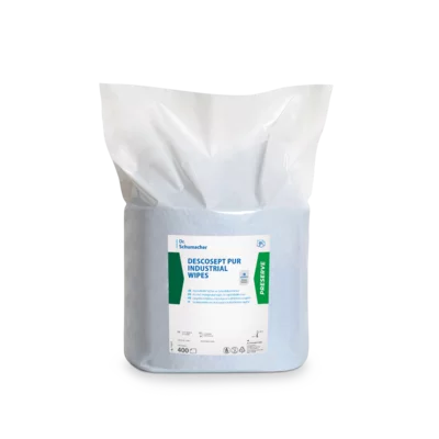 A sealed pack of blue Dr. Schumacher DESCOSEPT PUR INDUSTRIAL WIPES from Dr. Schumacher GmbH, depicted on a plain white background, with white and green lettering, is ideal for machine and tool maintenance.