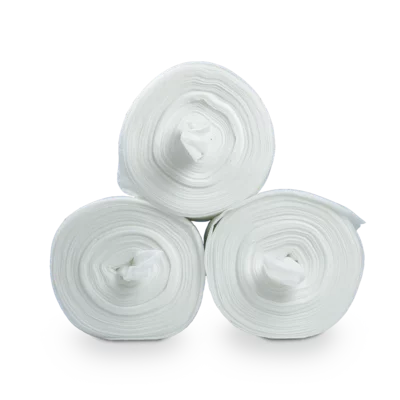 Three Dr. Schumacher DESCO WIPES non-woven cloth rolls from Dr. Schumacher GmbH are stacked in a triangle on a light background. From the side view, the rolls display their circular, concentric pattern, ideal for use in non-woven cloth dispensing systems.