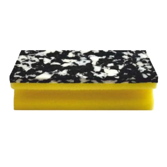 Das Arcora PU-PAD SCHWAMM (150 x 70 x 45 mm) der Arcora International GmbH hat eine gelbe PU-Schaum-Basis und eine schwarz-weiß marmorierte Scheuerfläche; erhältlich in 10er-Packungen, abgebildet auf weißem Hintergrund.