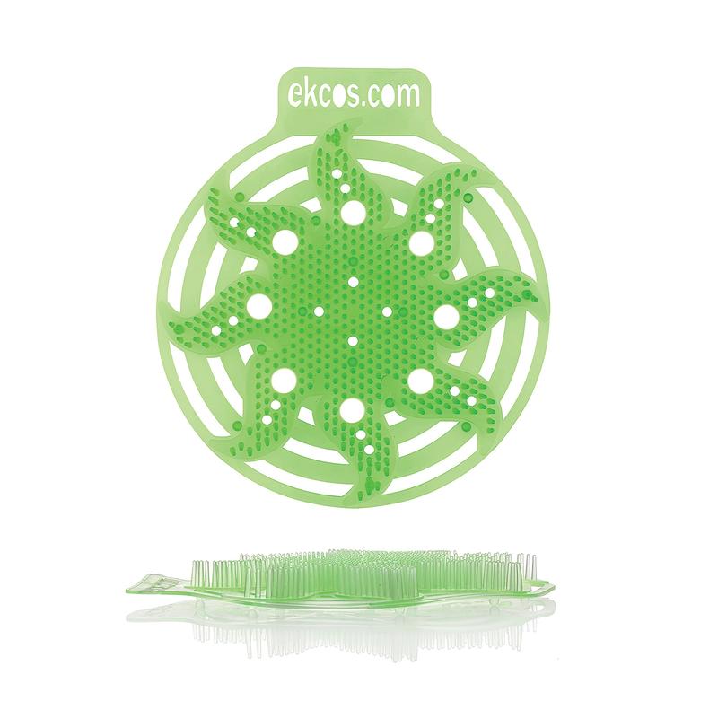 Tá mata urinal Ekcos Power Screen glas, cruinn - 30+ lá ó Diversey Deutschland GmbH & Co. OHG le poill iomadúla agus forlíontáin cosúil le duilleoga le feiceáil ina seasamh; tá "ekcos.com" clóite ar a bharr, rud a leagann béim ar an rialú boladh fada buan ar feadh suas le 30 lá.