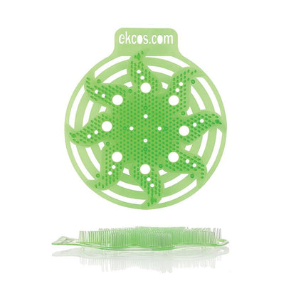 Tá mata urinal Ekcos Power Screen glas, cruinn - 30+ lá ó Diversey Deutschland GmbH & Co. OHG le poill iomadúla agus forlíontáin cosúil le duilleoga le feiceáil ina seasamh; tá "ekcos.com" clóite ar a bharr, rud a leagann béim ar an rialú boladh fada buan ar feadh suas le 30 lá.