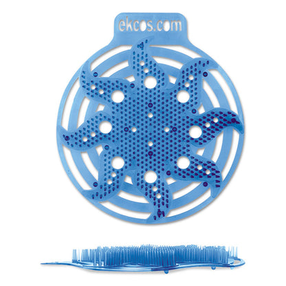 Is mata gorm, cruinn é an mata urinal Ekcos Power Screen - 30+ lá ó Diversey Deutschland GmbH & Co. OHG le poill agus brístí ardaithe le haghaidh rialú boladh buan, atá maisithe le dearadh cosúil le grian agus an téacs "ekcos.com".