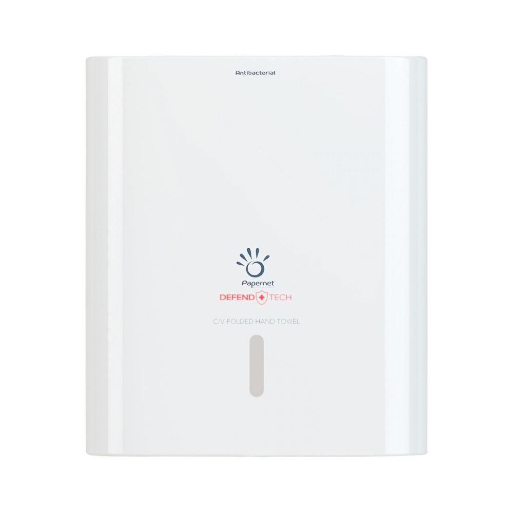 A white, wall-mounted Papernet antibacterial dispenser for C/V-fold folded hand towels with the logo of Sofidel Germany GmbH Defend Tech Technology with the prints "antibacterial dispenser" and "CV Folded Hand Towel". A narrow vertical slot is visible on the front.
