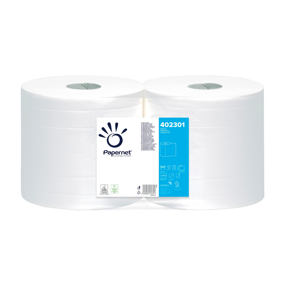 Dhá rolla mhóra Papernet páipéar tionsclaíoch, uimhir an táirge 402301, pacáilte le chéile. Tá lipéad ar a bhfuil an branda “Sofidel Germany GmbH” agus siombailí ann a léiríonn faisnéis athchúrsála. Tá na tuáillí páipéir ionsúiteacha, dhá chiseal seo foirfe do gach obair ghlantacháin.