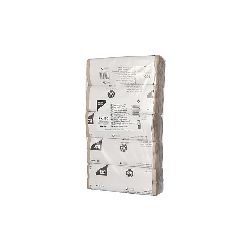 A package of PAPSTAR towel paper C-fold 31 cm x 25 cm natural, single-ply, consists of five vertically stacked rolls. The transparent packaging is provided with white labels containing product details in black print and highlighting recyclability and the Blue Angel certification.
