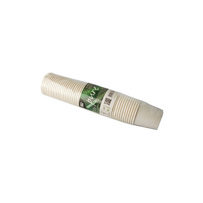 A stack of brown disposable cups made of cardboard from PAPSTAR GmbH, ideal for coffee on the go, packaged in plastic. The green label contains text and a barcode. These FSC-certified and biodegradable cups, known as PAPSTAR Drinking Cups Cardboard 0.1 l Ø 6 cm brown, are a practical choice for parties or use on the go.