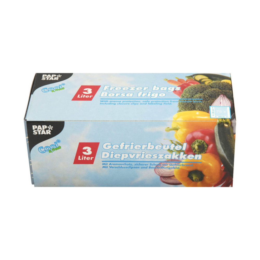 Visible is a box with 75 Starpak freezer bags with a 3-liter capacity made of LLDPE. On the packaging, there are images of various types of vegetables and multilingual texts, including "Freezer bags," "Gefrierbeutel," and "Borsa frigo."