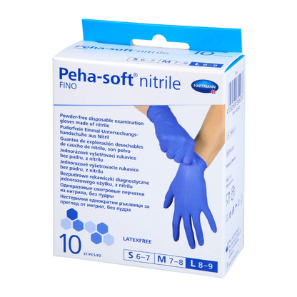 A box of Peha-soft® nitrile fino disposable examination gloves from Paul Hartmann AG, powder-free disposable examination gloves. The packaging lists the available sizes and indicates that the gloves are latex-free, with multilingual product information.
