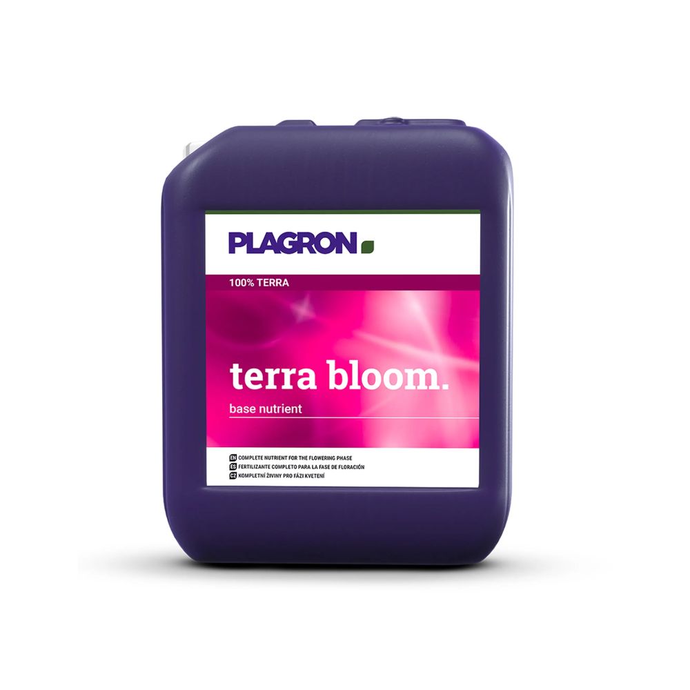 A dark purple 'Plagron Terra Bloom' container from Bertels B.V. features a pink graphic and is labeled as a base nutrient for flowering. It has a top handle and a spout for easy pouring, ensuring optimal plant growth.
