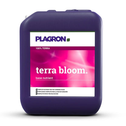 A large, dark purple bottle of Plagron Terra Bloom nutrient from Bertels B.V. stands out with its striking 'Terra Bloom' label. Ideal for the flowering phase, it is the perfect choice for flowering fertilizer.