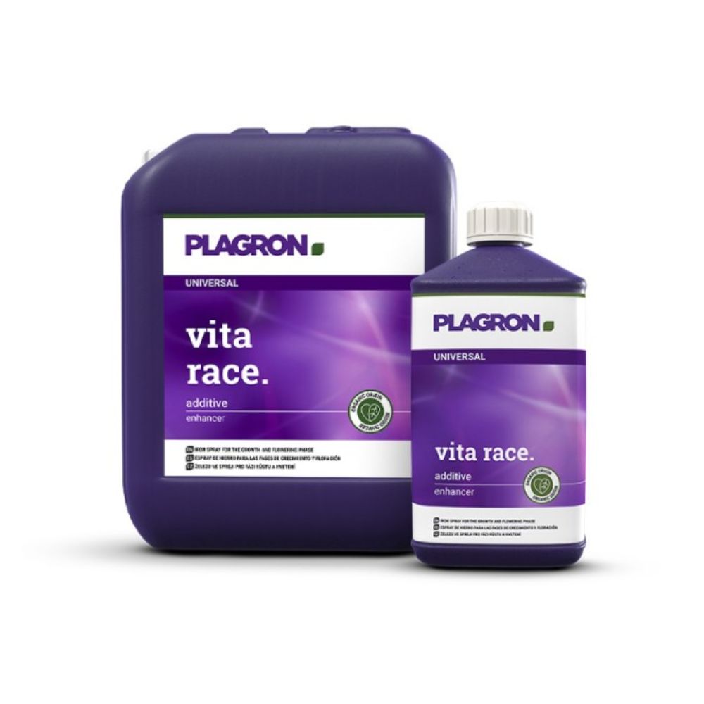 Two containers of Plagron Vita Race from Bertels B.V. for stimulating leaf growth include a dark purple, cube-shaped jug and a smaller bottle with a white cap. Both have purple labels with green accents – perfect for the growth phase.