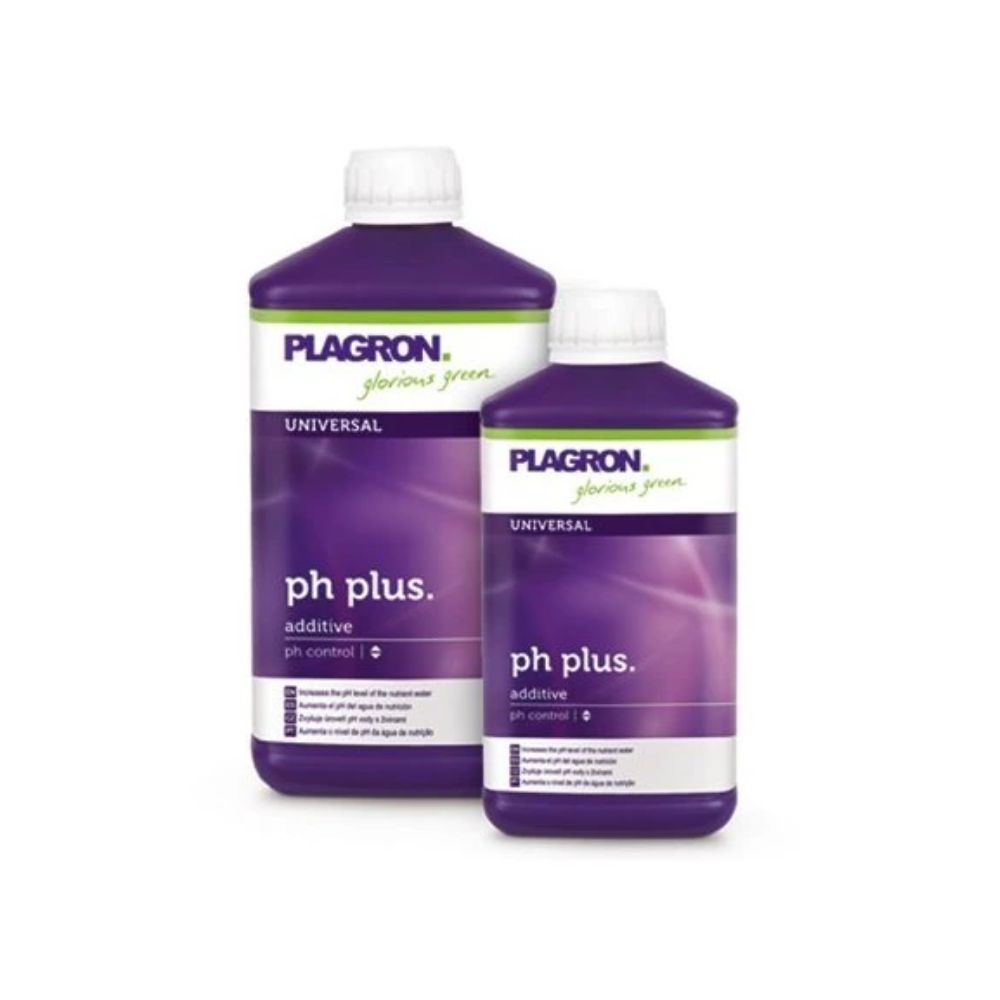 Against a white background, there are two purple bottles of Plagron pH Plus from Bertels B.V. with white caps and the labels "Universal" and "pH Control". They are intended to increase the pH value and optimize nutrient uptake.