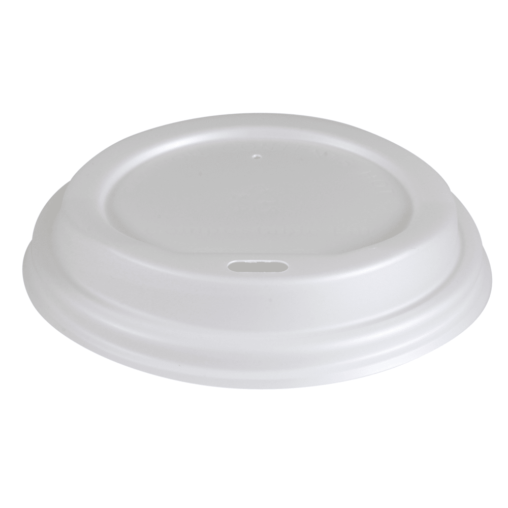 The white lid for bio cups from Abena Re-Seller GmbH, made of biodegradable plastic, has a small oval sipping hole and is seen from above on a plain background.