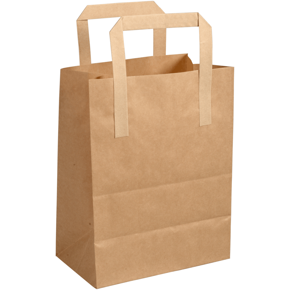 Tá an mála páipéir le láimhseáil, Donn ó Abena Re-Seller GmbH ina sheasamh go hingearach os comhair cúlra bán. Tá an mála iompair in-athchúrsáilte, neamhdhíobhálach don chomhshaol folamh agus tá na taobhanna fillte go néata.