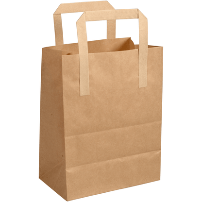 Tá an mála páipéir le láimhseáil, Donn ó Abena Re-Seller GmbH ina sheasamh go hingearach os comhair cúlra bán. Tá an mála iompair in-athchúrsáilte, neamhdhíobhálach don chomhshaol folamh agus tá na taobhanna fillte go néata.