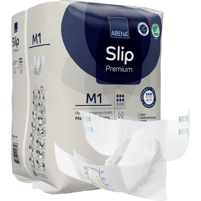 Eine Verpackung von ABENA Slip Premium von Abena Re-Seller GmbH wird gezeigt, wobei ein Slip teilweise entfernt wurde, um das Design zu zeigen. Die Verpackung hebt Produktdetails und Icons für die wichtigsten Merkmale hervor.