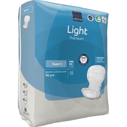 The ABENA Light Super 4, Premium from Abena Re-Seller GmbH in the blue-white 30-pack offers discreet leak protection and skin-friendly comfort.