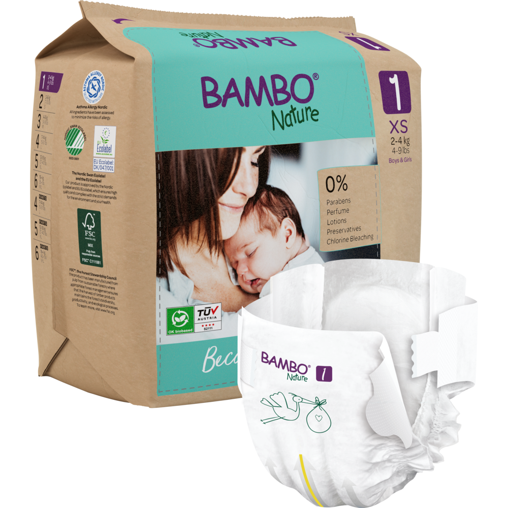Eine Packung Bambo Nature Windeln von Abena Re-Seller GmbH, Größe XS für 2-4 kg schwere Babys. Die Verpackung zeigt eine Mutter, die ihr Baby im Arm hält, umweltfreundliche Details, Informationen zu nachhaltigen Materialien und eine Nahaufnahme einer Windel im Vordergrund.