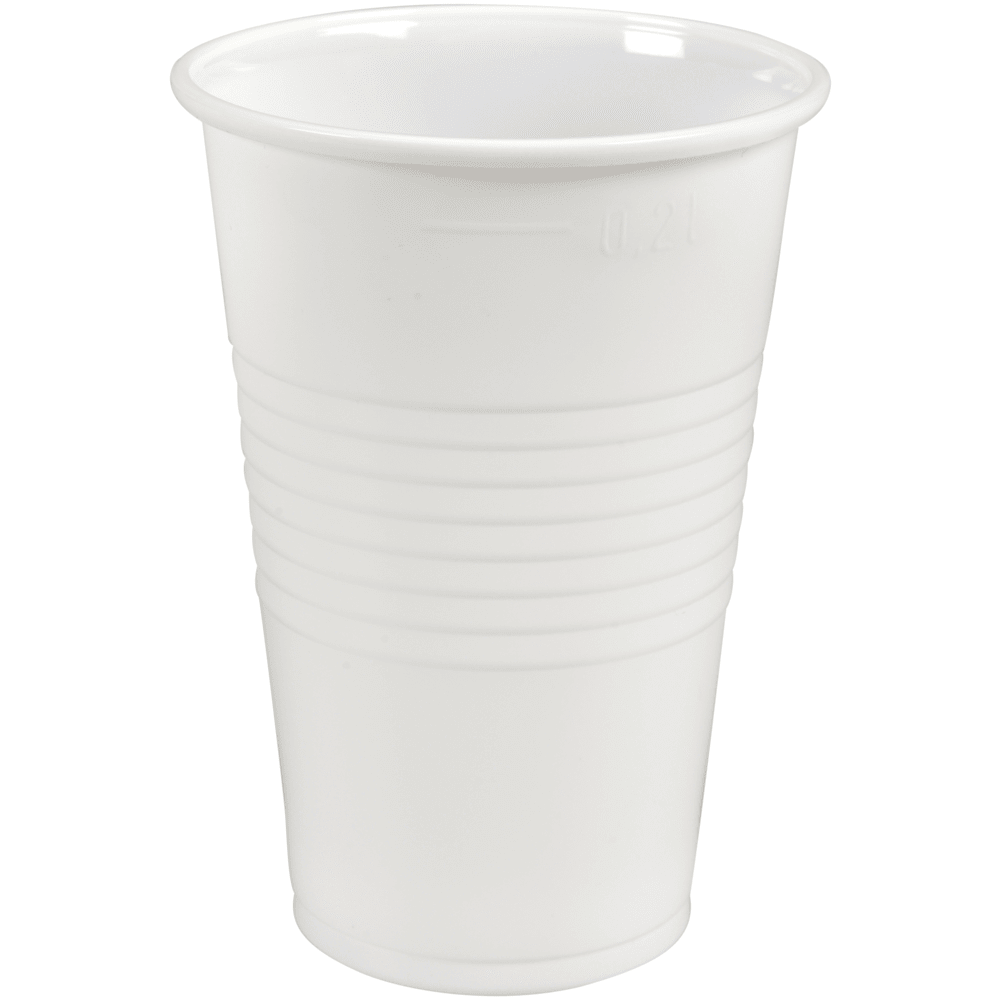 A white dispensing cup from Abena Re-Seller GmbH (PP, 20 cl), with horizontal grooves, stands upright on a plain white background. Package: 100 pieces.