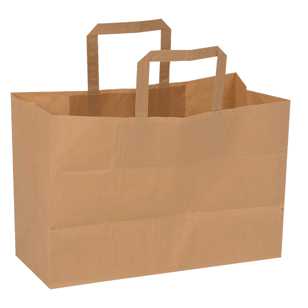 Tá an "mála páipéir le láimhseáil" donn ó Abena Re-Seller GmbH ina sheasamh go hingearach os comhair cúlra bán - rogha atá neamhdhíobhálach don chomhshaol le haghaidh siopadóireachta inbhuanaithe.