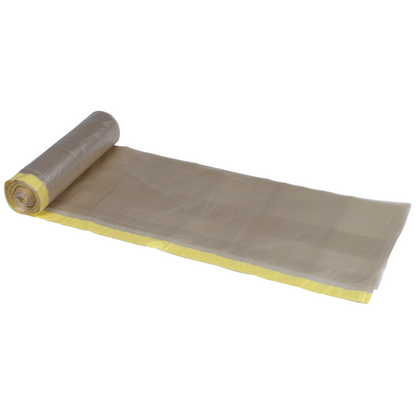 A partially unrolled roll of Abena Re-Seller GmbH 120 L garbage bags, transparent with a yellow drawstring (700x1010mm, 55 microns), 10 bags per roll, is displayed on a white background.