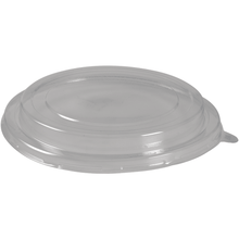 The transparent RPET lid for the bowl (ø 18.7 cm) from Abena Re-Seller GmbH lies flat on a white background; it has a slightly raised center and a tab for pulling off on one edge. Pack of 50 pieces.
