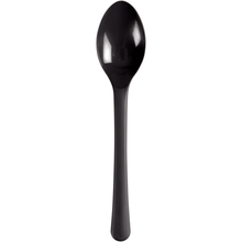 A black reusable spoon (18.5 cm) made of PP from Abena Re-Seller GmbH (pack of 50 pieces) lies on a white background. This eco-friendly cutlery is ideal for sustainable daily use.