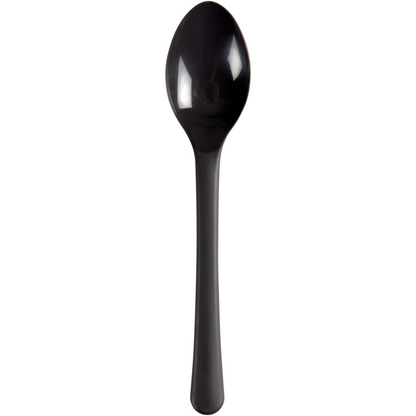 A black reusable spoon (18.5 cm) made of PP from Abena Re-Seller GmbH (pack of 50 pieces) lies on a white background. This eco-friendly cutlery is ideal for sustainable daily use.
