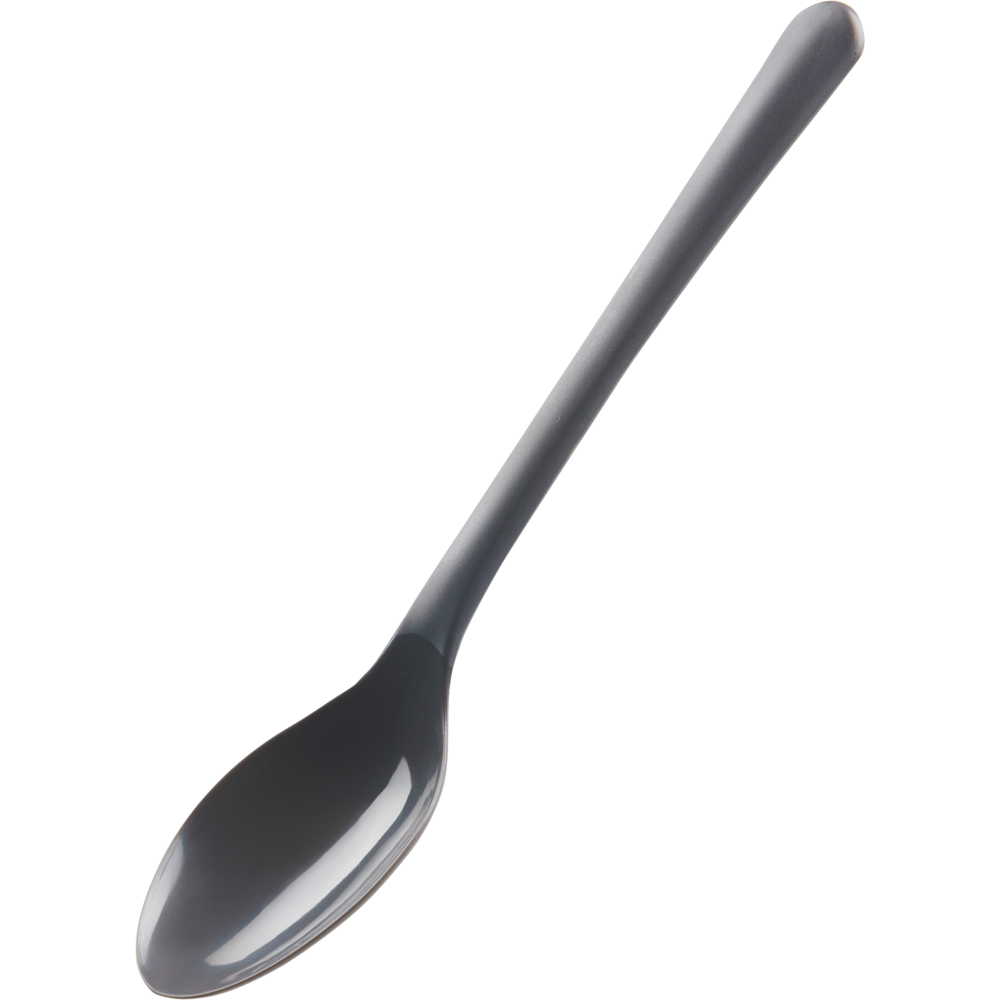A reusable spoon (18.5 cm, black, PP) from Abena Re-Seller GmbH from a pack of 50 lies diagonally with a slightly curved handle on a plain white background.