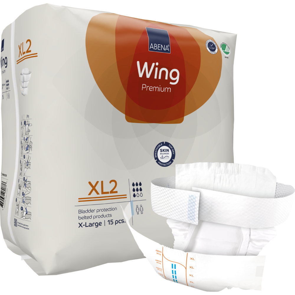 Abgebildet ist eine Packung ABENA Wing Premium Erwachsenenwindeln der Abena Re-Seller GmbH mit einer aufgefalteten XL2-Windel im Vordergrund. Die Packung enthält 15 Inkontinenzprodukte in X-Large mit Gürtel, die Schutz und Komfort bieten.