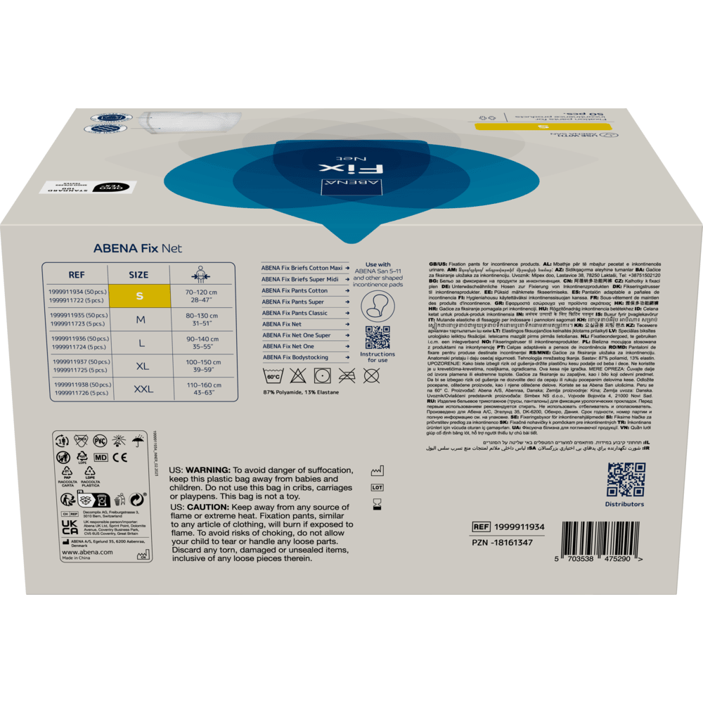 On a white box labeled "Fixing Pants, ABENA Fix, Net" there are product infos, size chart (S-XL), barcode, QR code, warnings, symbols for incontinence products and fixing pants, as well as distributor information on the back for Abena Re-Seller GmbH.