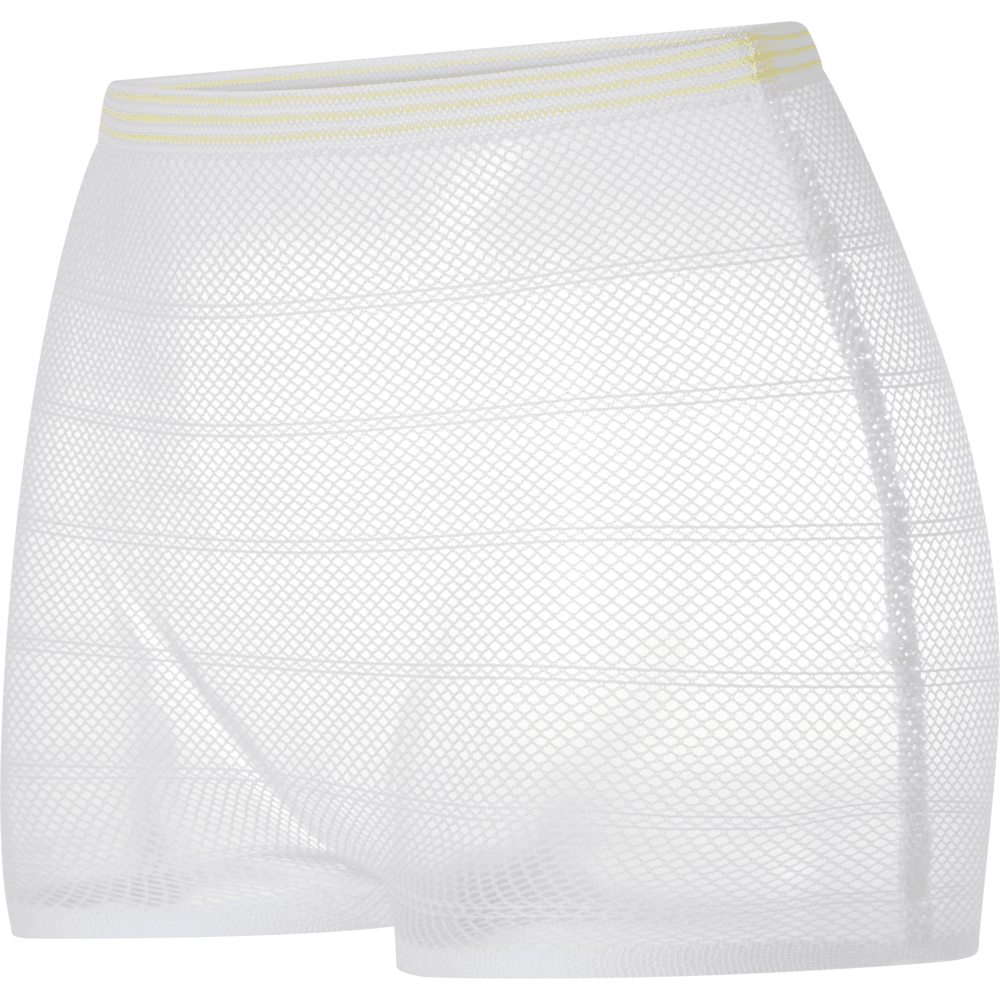 The ABENA Fix Net fixing pants from Abena Re-Seller GmbH are white mesh underwear with an elastic yellow waistband and fine mesh pattern, ideal for use with incontinence products. Depicted on a plain white background.